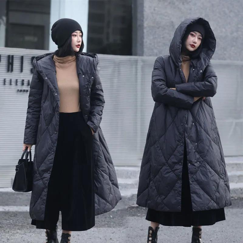 Long Down Jacket Winter Women's Art and Leisure Loose Hooded Jacket Large Size Thickened Warmth and Long Over-the-knee Jacket