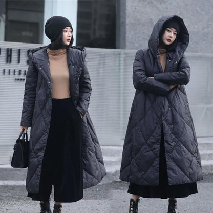 Long Down Jacket Winter Women's Art and Leisure Loose Hooded Jacket Large Size Thickened Warmth and Long Over-the-knee Jacket