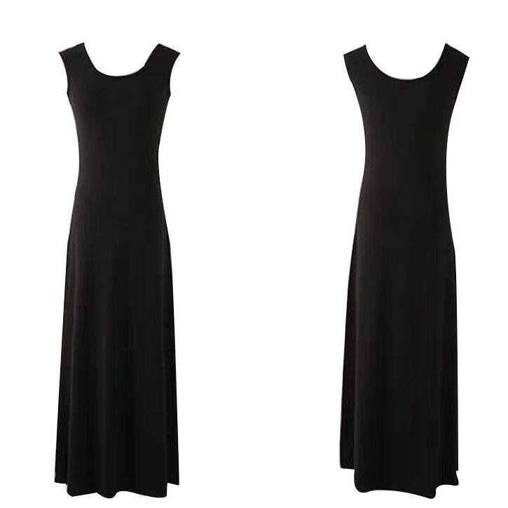Women's Summer Simple and Elegant Sleeveless Floor Long Slim Black Vest with A-line Dress