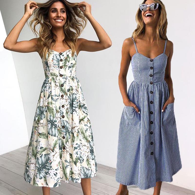 Pofulove Vintage Casual Sundress Female Beach Dress Midi Button Backless Polka Dot Striped Women Dress Summer  Boho Sexy Floral Dress