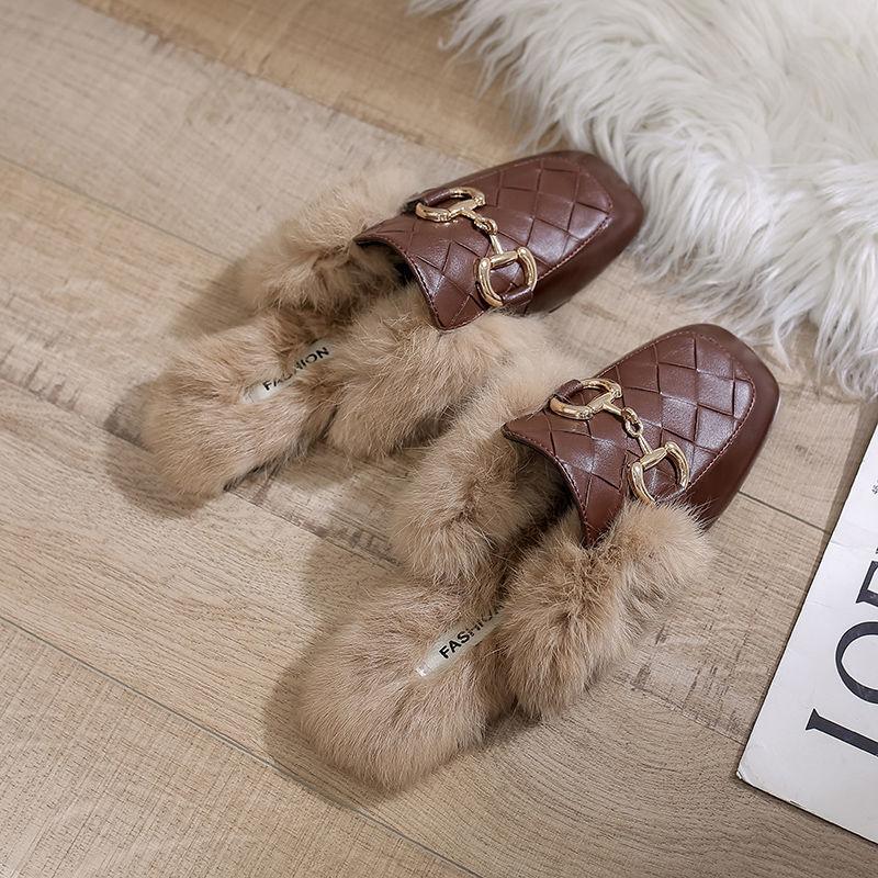 Women's Autumn and Winter Furry Fashion Cotton Slippers with Slippers Indoor and Outdoor Casual Flat Shoes Soft Shoes
