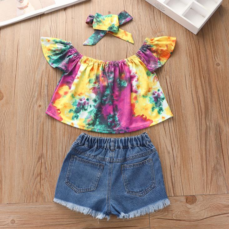 Summer Girls' Hole Shorts One Shoulder Top Denim Shorts Set Three Piece Children's Denim Sequins Shorts Suit