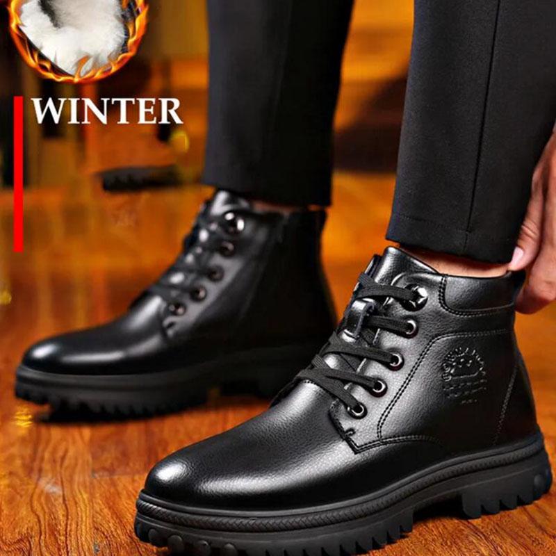 Winter Men's Genuine Leather Boots Wool Inner Thickening High-top Warm Ankle Boots  Business Leather Shoes Snow Boots