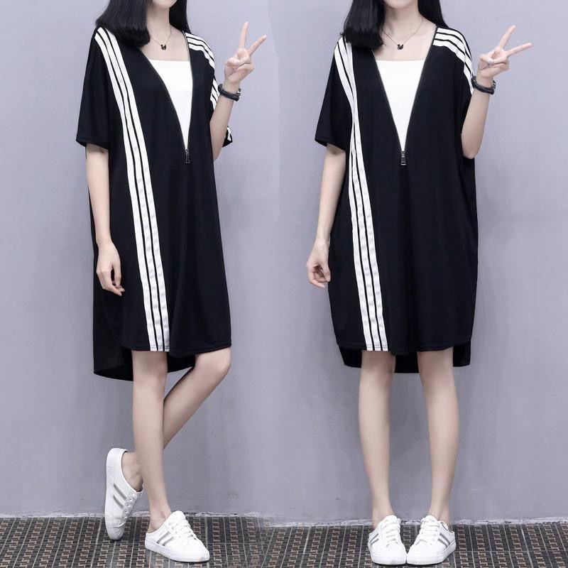 Sweater Skirt T-shirt Skirt Spring Summer Plus Size Women's Zipper Loose Thin Sports Casual A-line Dress