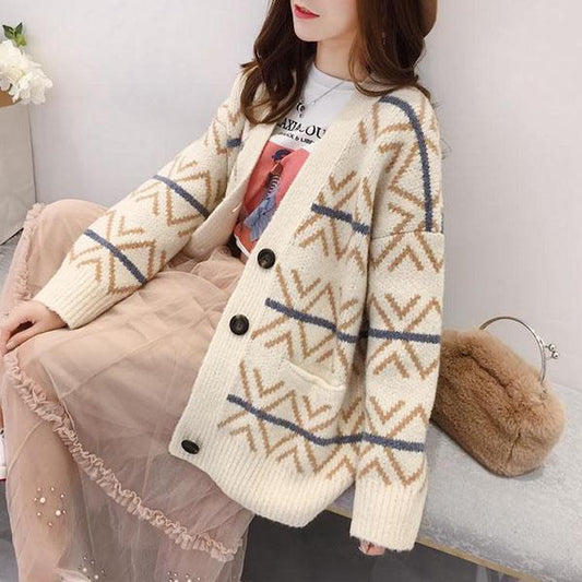 Women Vintage Printed Checked Sweater Cardigan with Pockets Outerwear Casual Thick Knitted Jacket Coat