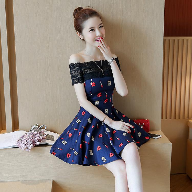 Summer Printed Dress Sexy Lace Slash Neck Off-shoulder Party Club Dress Strapless Dress