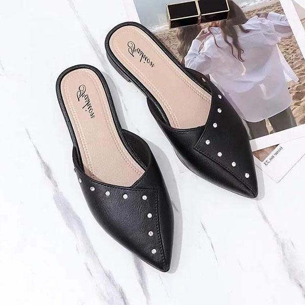 Women's Spring Solid Color Low Heel Rhinestones Single Shoes Office Ladies Summer Autumn Large Size Non-slip Baotou Slippers