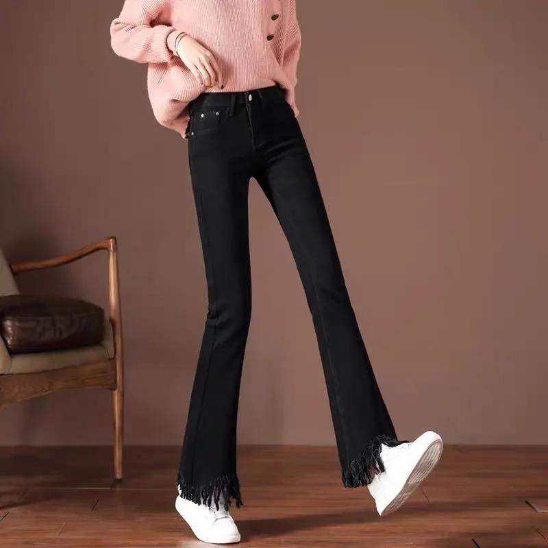 Slim Flared Denim Pants Women's Plus Size Denim Jeans Trousers Summer High Waist Sliming Fit Loose Tassel Denim Pants