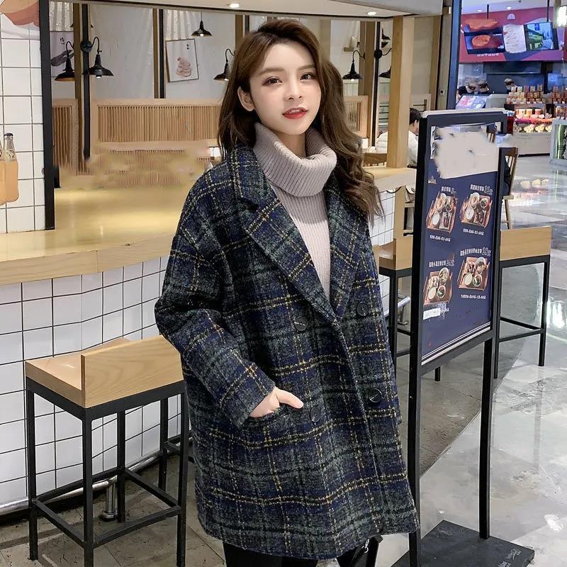 Cotton Woolen Plaid Coat Women's Mid-length Spring Loose Woolen Coat