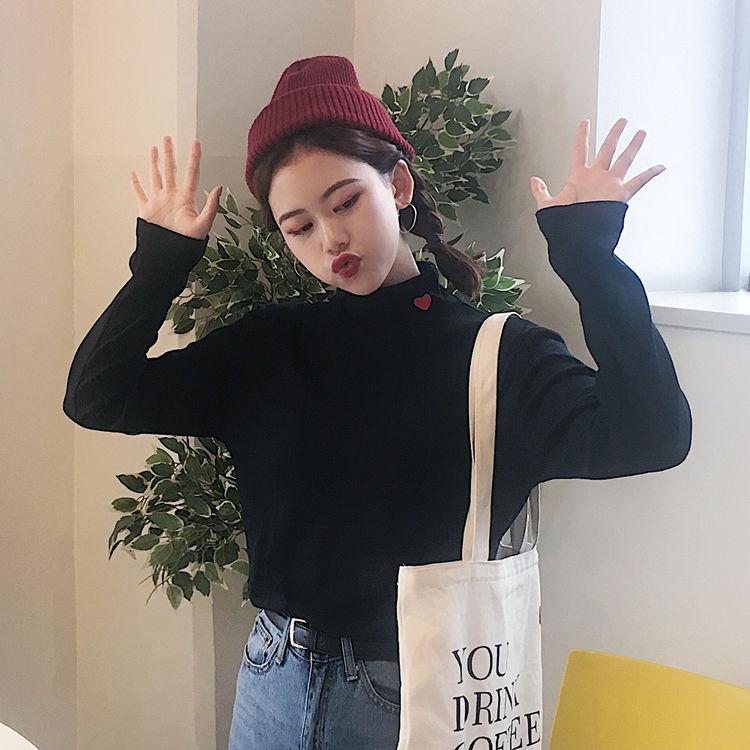 Pofulove Student Slim Wild Clothes Winter Plus Velvet Long Sleeve Half Turtleneck Bottoming Shirt