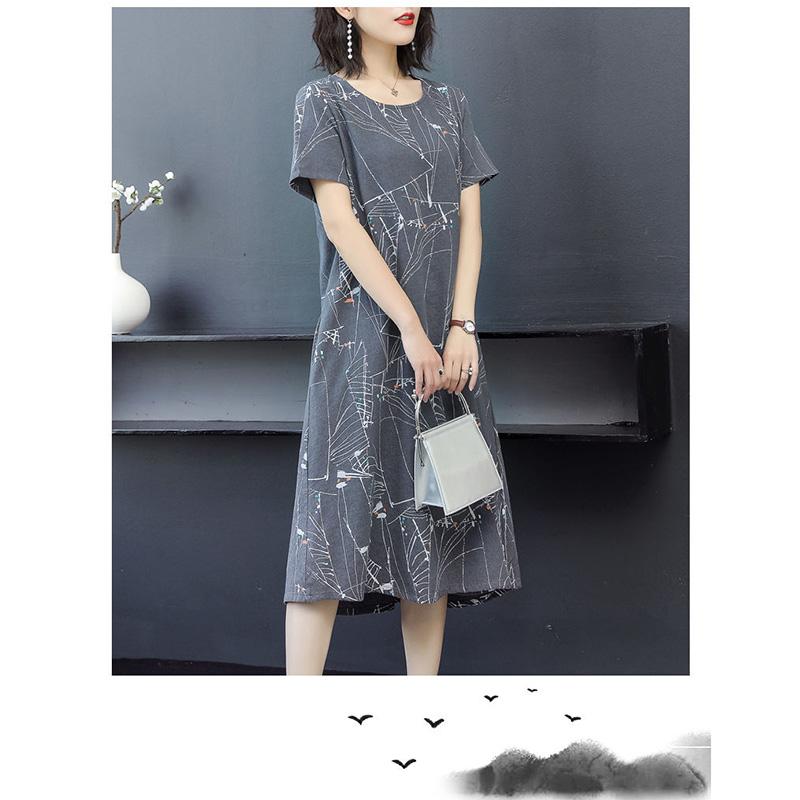 Women's Summer Plus Size Dress Loose Casual Mid-length Over-the-knee Round Neck Pocket Short-sleeved Printed Skirt