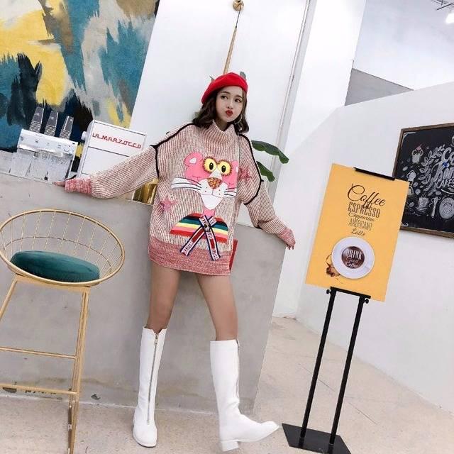 Beads Knitwear Turtleneck Loose Pink Panther Knitting Pullover Chic Women Jumper Sweater