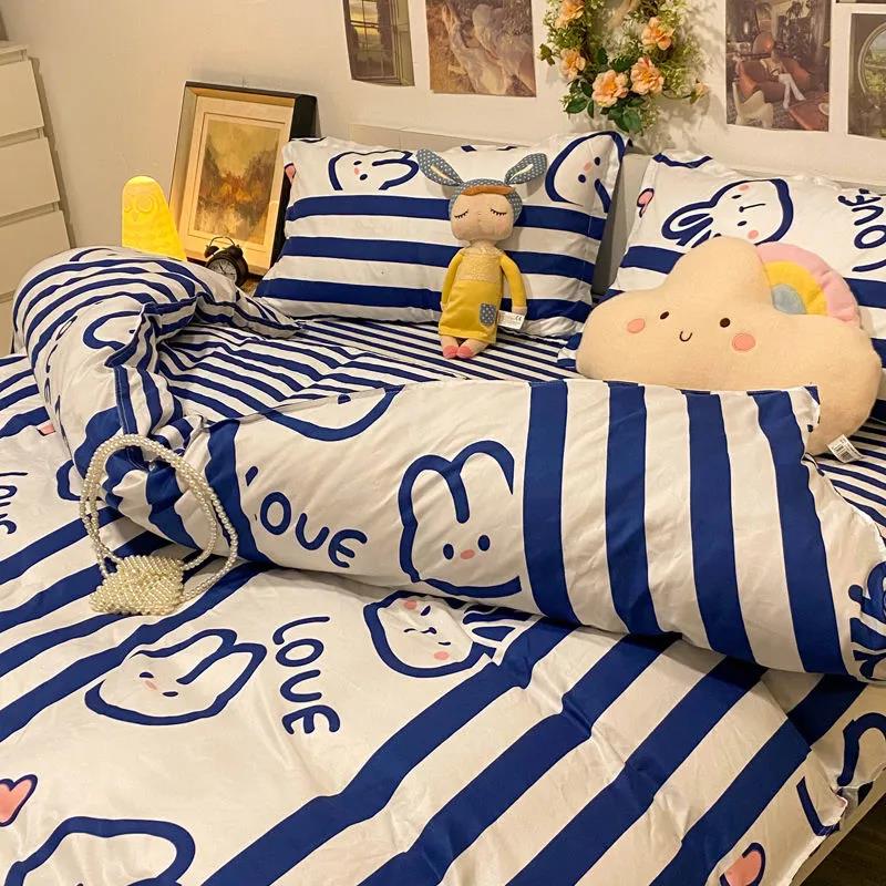 Washed Cotton Four-piece Duvet Cover Sheets Fashion Printed Bedding Student Dormitory Single Bed Sheet Sheets