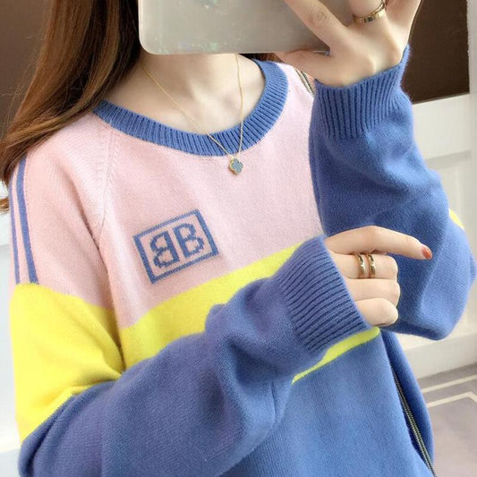 Autumn  Winter Loose Short Sweater Fashion Knit Sweater Color Matching Women's Round Neck Bottoming Shirt Top