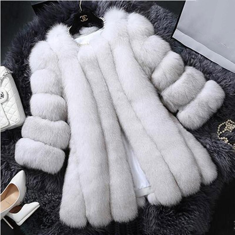 Women Warm Faux Fox Fur Coat Long Winter Fur Jacket Ladies Elegant Outerwear