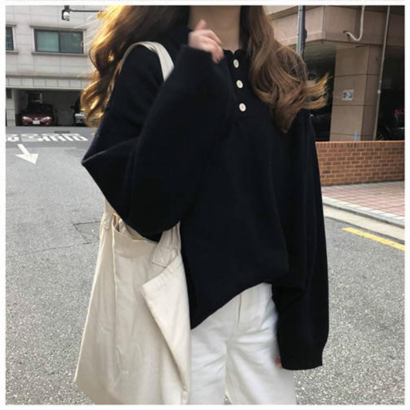Pofulove Solid Color POLO Collar Sweater Jacket Female Autumn Winter College Style Sweater