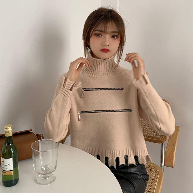 Women's Solid Color Trendy Fashion Zipper Slim Bottoming Sweater High Neck Tassel Short Knit Sweater