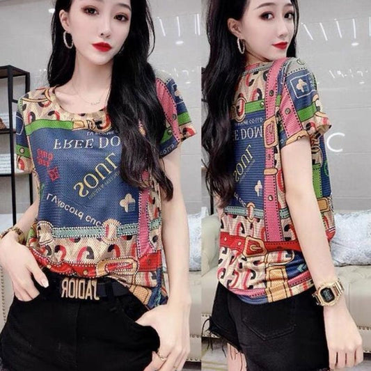 Summer Short Sleeve Fashion Trend Letter Print T-Shirt Ladies Comfortable Elegant Retro Slim Top