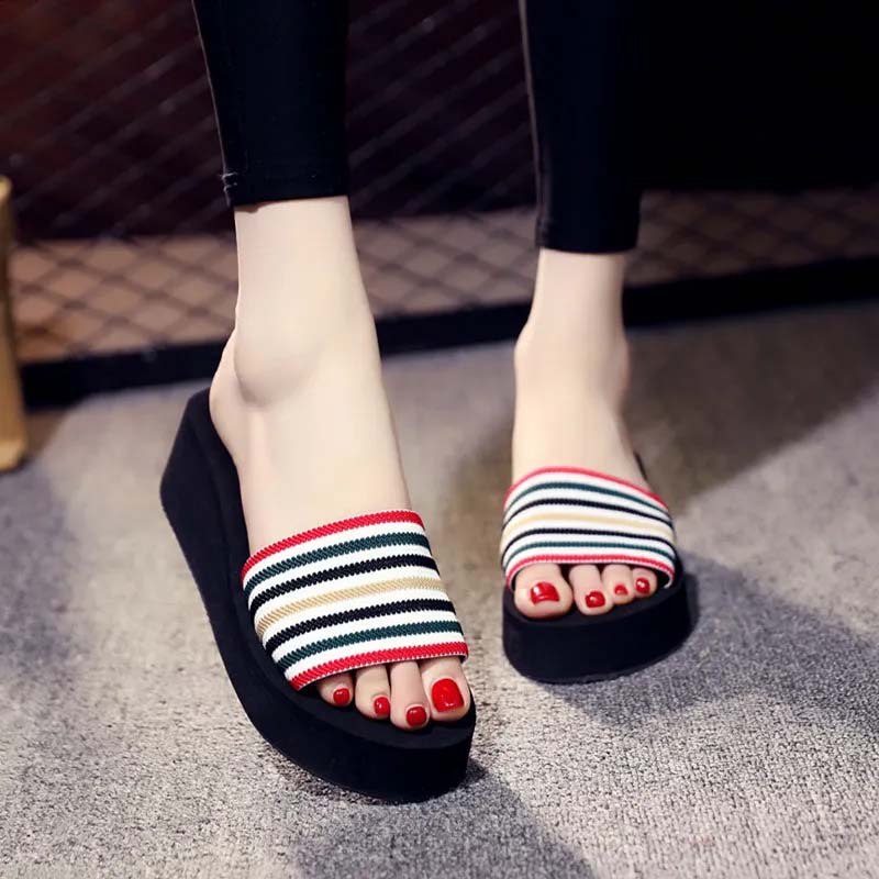 Thick-soled Beach Slippers Women's One-word Slippers Summer Casual Sandals All-match Outer Wear Seaside High-heeled Flip-flops Holiday Stripes Shoes