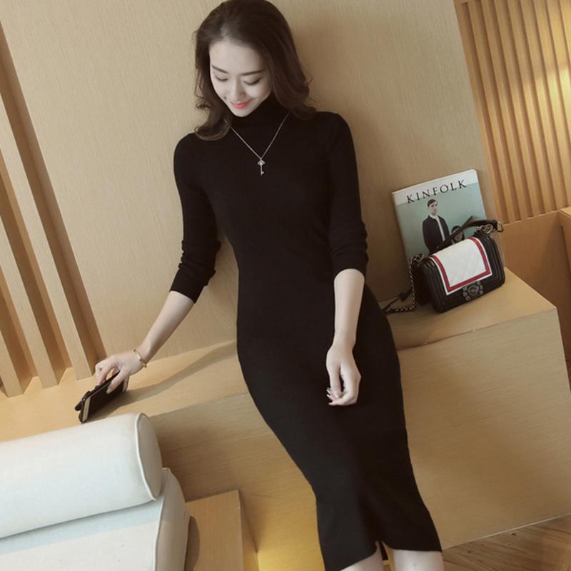 Women Winter Warm Long Sleeve Fluffy Sweater Dress Solid Color Casual Pullover Jumper Bodycon Midi Dresses