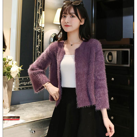 Imitation Mink Velvet Lazy Style Knitted Cardigan Korean Style Loose Student Outer Wear Simple Female Jacket