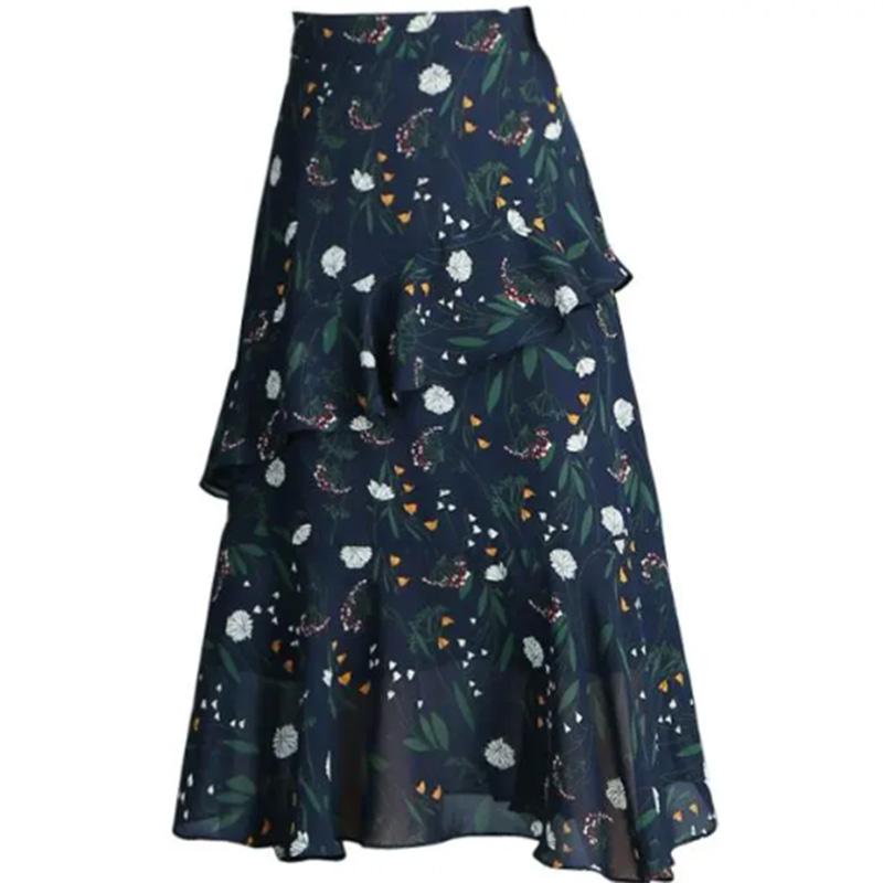 Chiffon Skirt Women's Spring and Summer Mid-length Floral Skirt High Waist Thin Irregular Ruffled Skirt