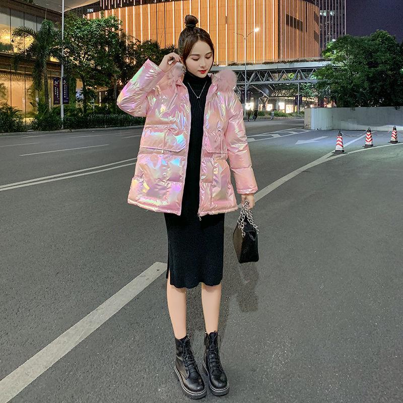 Winter Padded Coat Women Loose Padded Jacket Big Fur Collar Bright Surface Thickened Bread Coat Padded Coat Women
