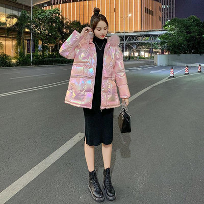 Winter Padded Coat Women Loose Padded Jacket Big Fur Collar Bright Surface Thickened Bread Coat Padded Coat Women