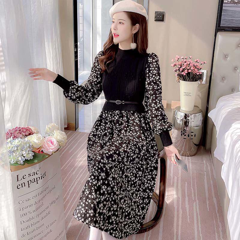 Women's Autumn and Winter Sweet Lady Stitching Knitted Long Dress Long Sleeve Half High Collar Women Casual Floral Print Elegant  Dress