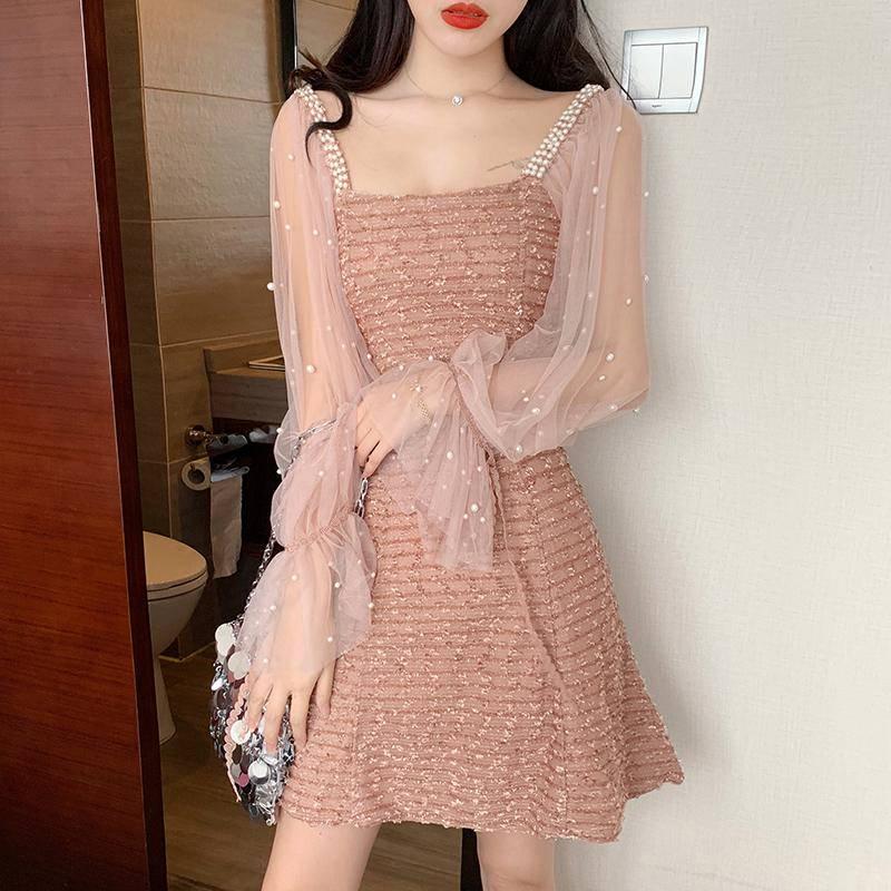 Spring Women's Temperament Mid-length Mesh Gauze Stitching Long Sleeves Waist Slimming Dress
