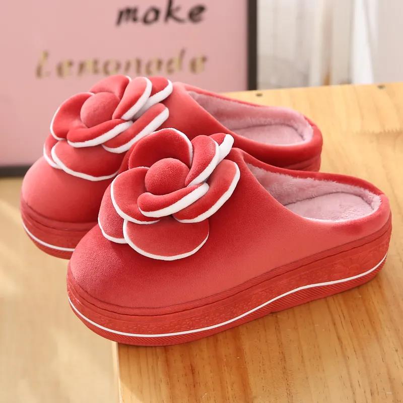 Women Autumn and Winter Indoor Slippers Solid Color Warm Plush Home Slipper Non Slip Flat Soft Flower Slippers