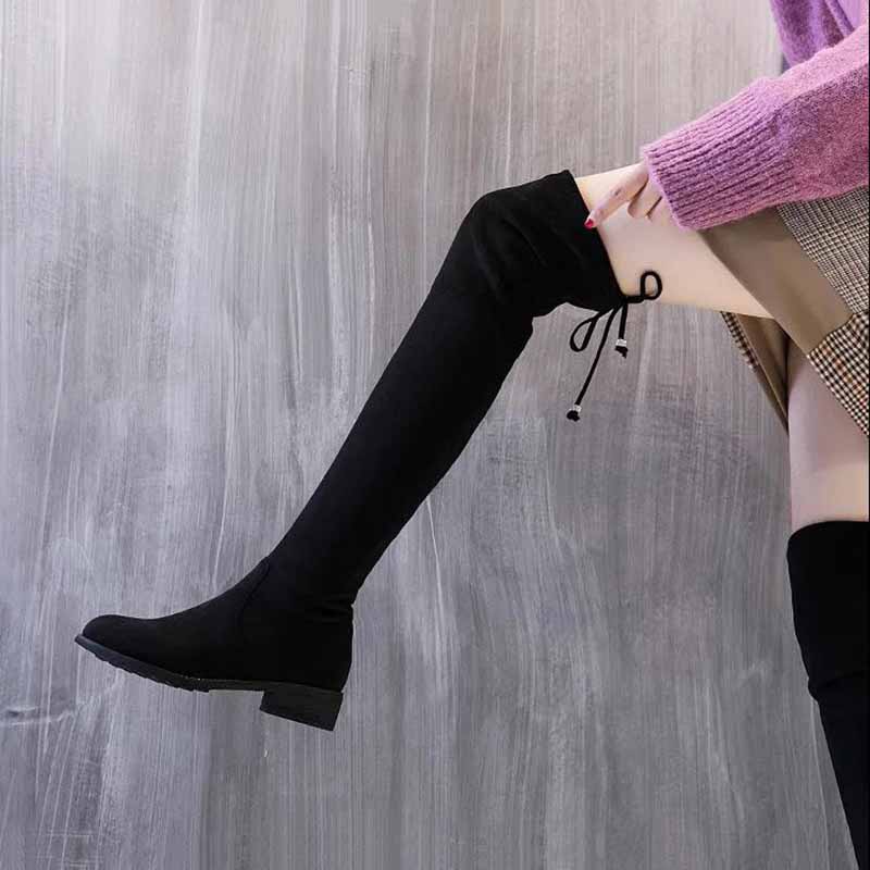 Over-the-knee Boots Women 3cm Suede Flat Bottom and Velvet Lace-up Boots High Boots Knight Boots Women Comfortable