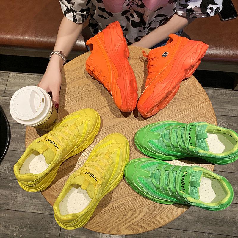 Fluorescent green daddy shoes female ins tide net red double mesh surface thick bottom sports shoes