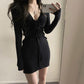 Deep V-neck Knitted Slim-fitting Hip Short Skirt Women's Sexy Long-sleeved Drawstring Pleated Dress Showing Breasts Femininity Solid Color