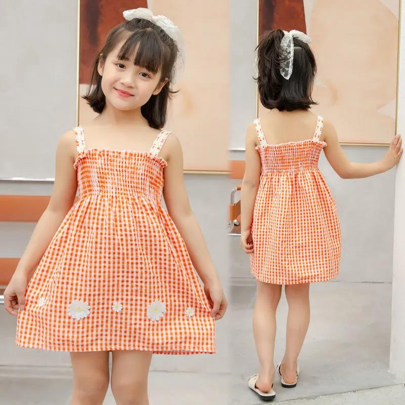 Children Dress Girls' Summer Thin Dress Suspender Dress Plaid Off Shoulder Chrysanthemum Princess Dress Ruffle