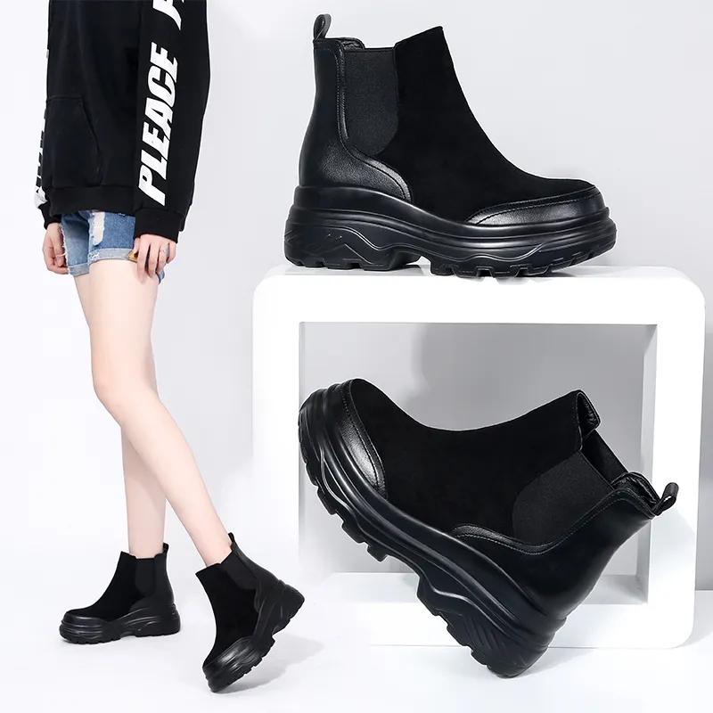 Martin Boots Women's Short Boots Spring and Autumn Velvet Boots British Style Thick-soled Wild College Korean Plush Heightening Shoes