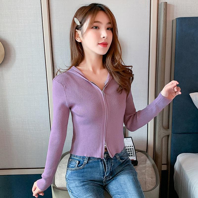 Spring and Autumn Hooded Knit Blouse Women Short Slim Long Sleeve Sweater Fashion Cardigan Jacket