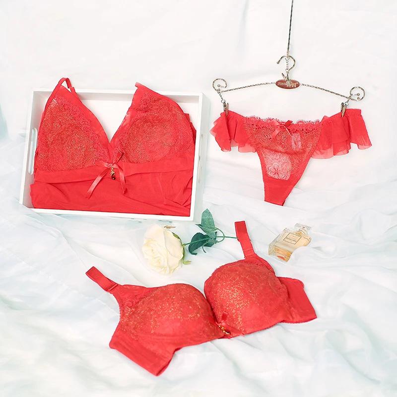 Ladies Gathered Up Bra Set Comfortable Sexy Lace Bow Hollow Out Transparent Panties Hanging Skirt Underwear Set Fascinated See-through Brassieres Set