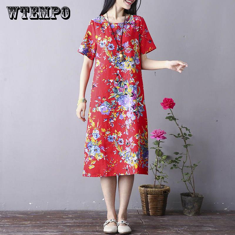 WTEMPO Medium Long Ice Silk Dress Female Summer Loose Large Size Retro Linen Floral Skirt
