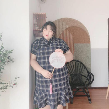 Fat Girl 300 Kg Extra Large Plaid Dress Summer New Product Improved Version Loose and Thin Ruffled Cheongsam Women