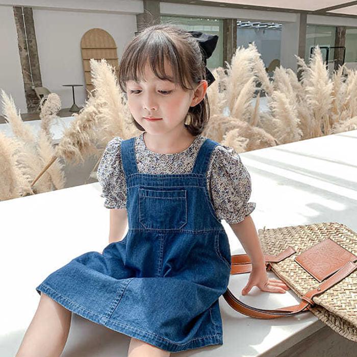 2PCS Children Clothing Set Spring Summer Girls Suits Floral Short Sleeve Tops + Denim Skirt Clothing Hin Strap Skirt Suit