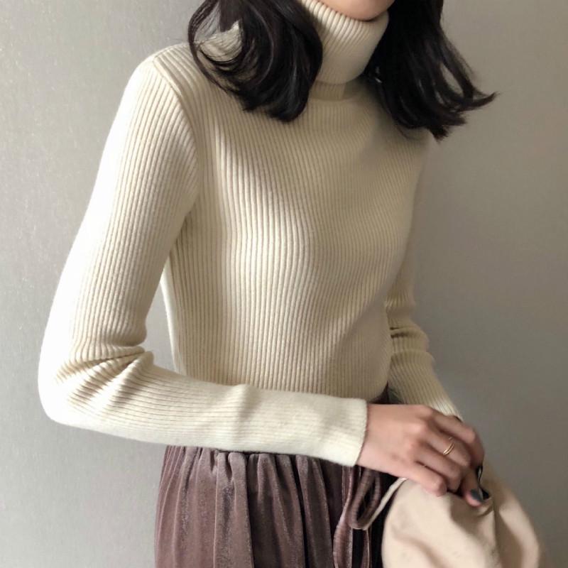 Pofulove Women's Autumn Winter Tops High Collar Long-sleeved Bottoming Shirt Thin Sweaters Lady