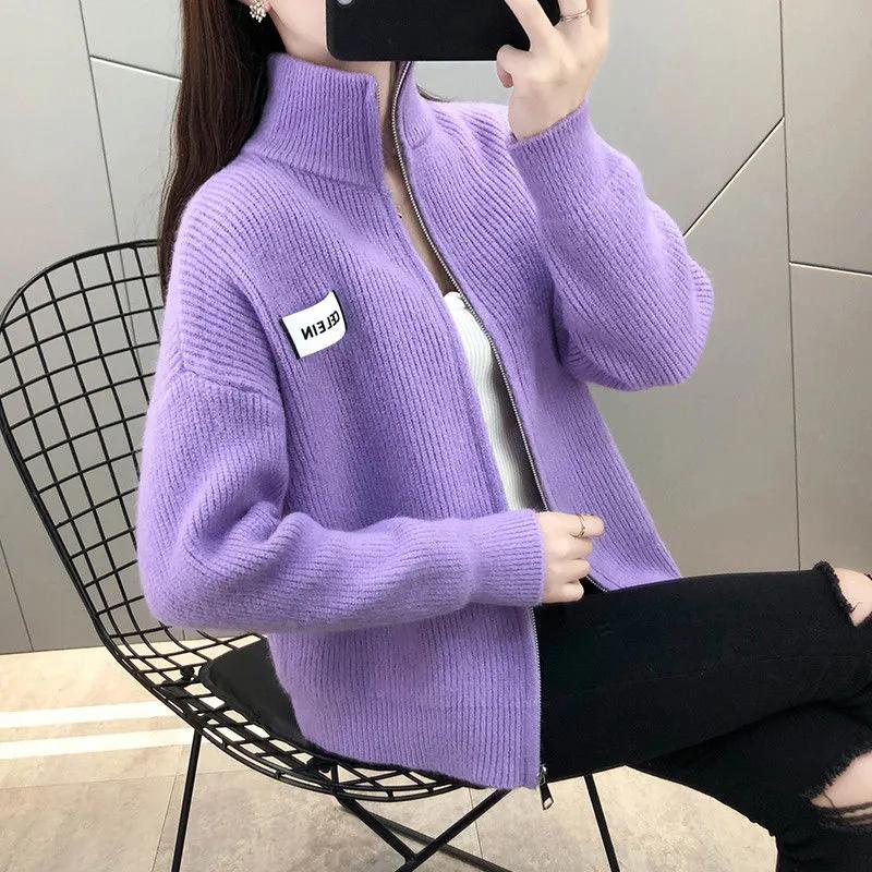 Stand Collar Women's Cardigan Sweater Short Jacket Knit Top Spring Autumn Solid Color Loose Sweater Outer Wear