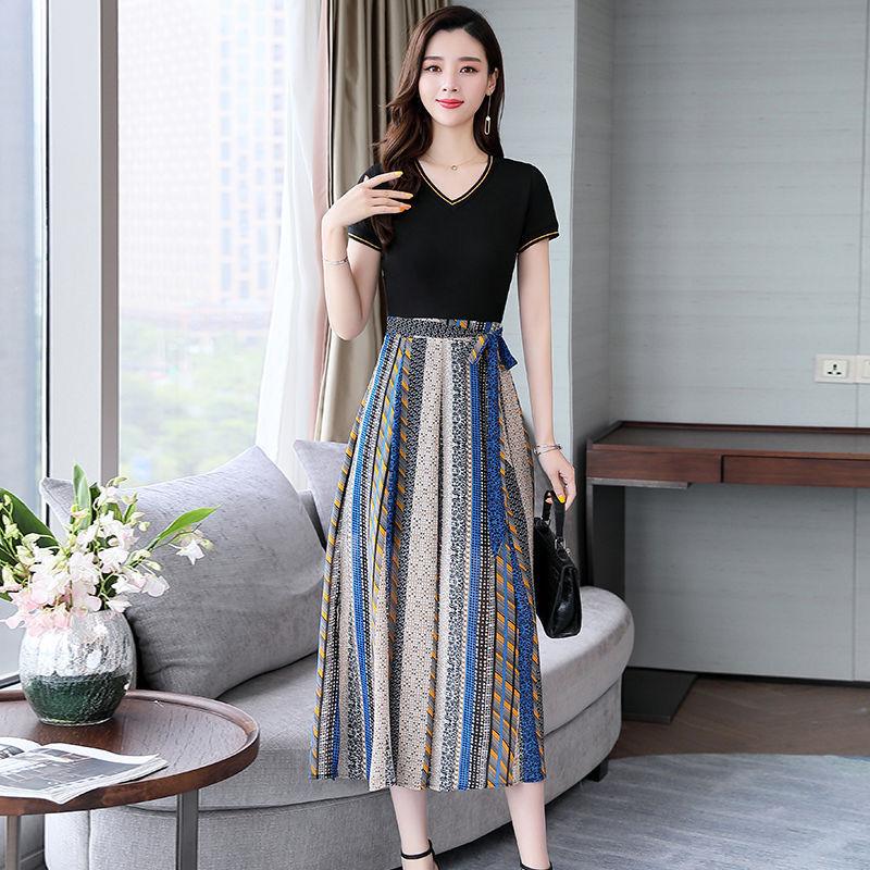 M-XXXL 2 Pieces Ladies Suit Skirt Spring and Summer Short Sleeve  Mid-length Casual Vacation Office Home