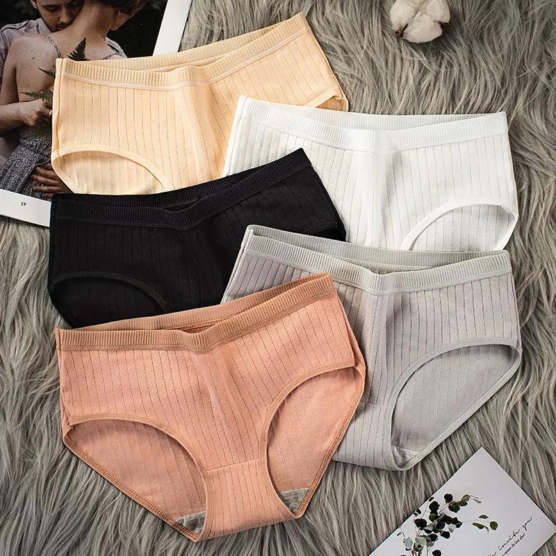 4PCS Cotton Underwear Women's Comfortable Sexy Lingerie Breathable Student Less Antibacterial Mid-low Waist Briefs Ladies Striped Underwear Bottoms