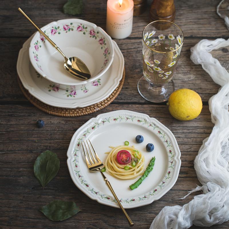 Rattan Flower French Embossed Dinner Plate Dish Ceramic Dessert Fruit Plate Retro Tableware