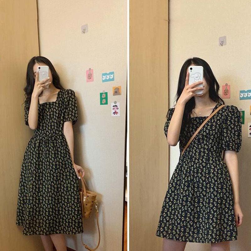 Ladies Summer Chiffon Skirt French Retro Oil Painting Floral Dress Mid-length Temperament Thin Versatile