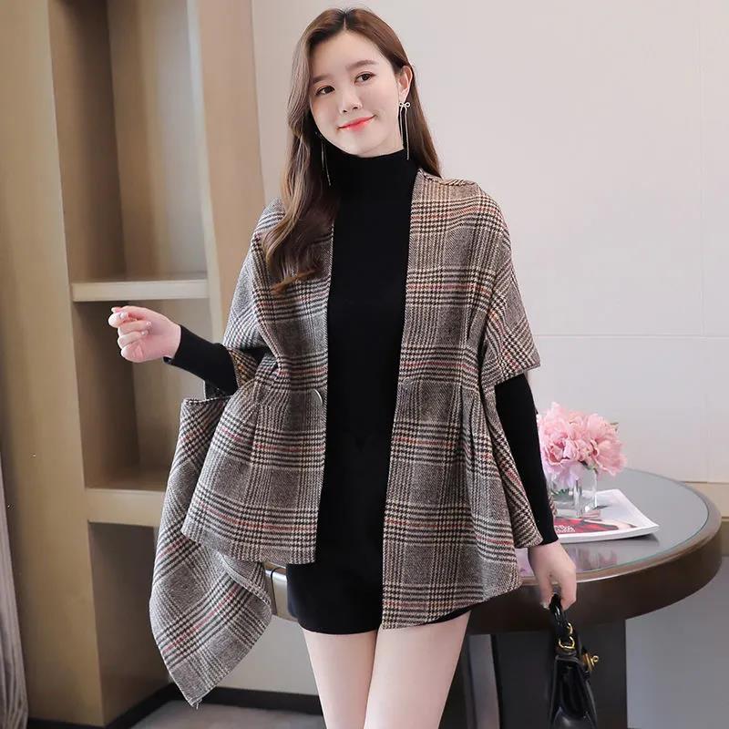 Plaid Shawl Cloak Spring and Autumn Women's Double-sided Woolen Coat British Style Retro Temperament Asymmetric