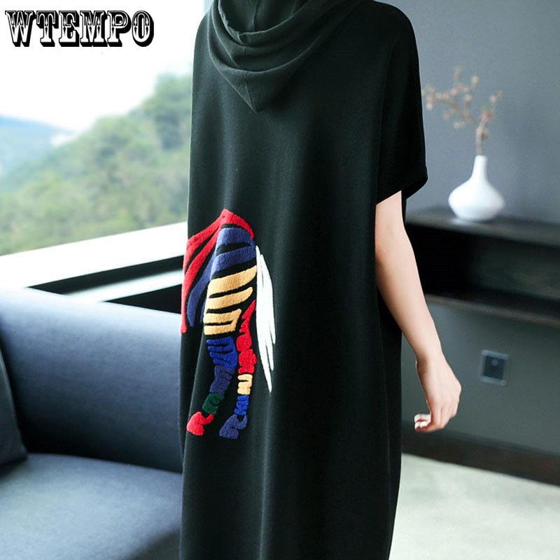 Women's Summer New Fashion Cartoon Dress Half-sleeved Loose Long Hooded Sweater Women