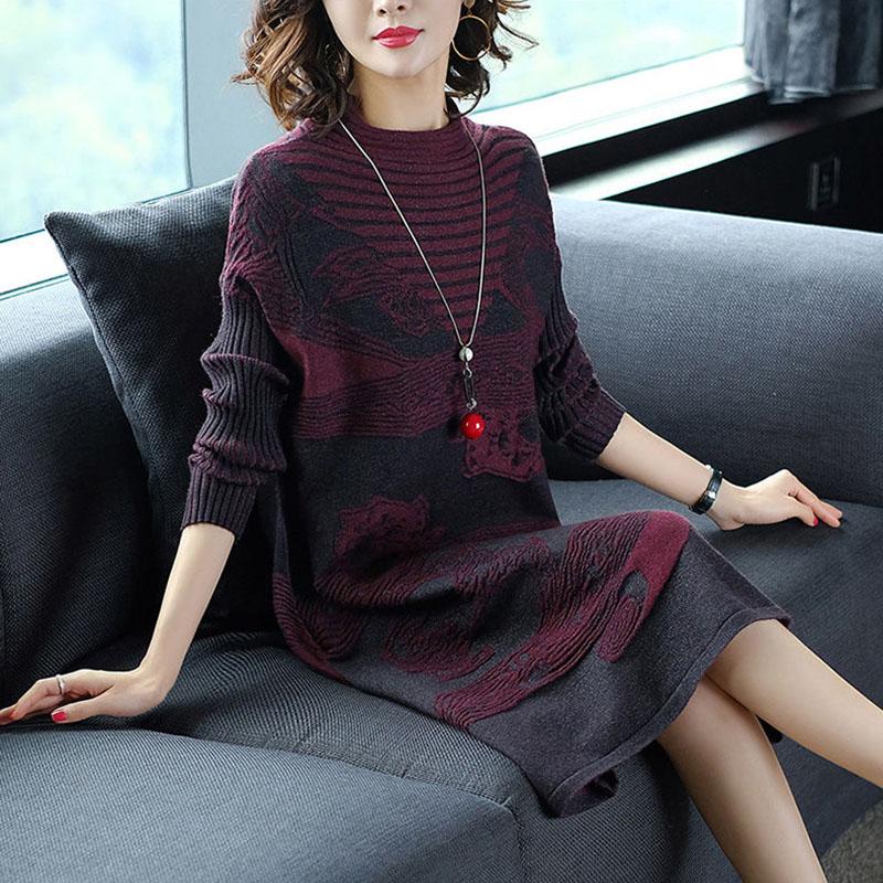 Autumn and Winter Elegant Temperament Bottoming Shirt Loose Jacquard Knitted Dress Mid-length Over The Knee Sweater Skirt